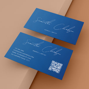 Cartão De Visita Código QR Moderno Azul Total Letra Manuscrita