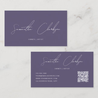 Cartão De Visita Código QR Moderno Chic Roxo Puro Escrito à Mão