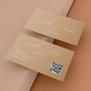 Cartão De Visita Código QR Moderno Completo Boho Bege Escrito à Mão