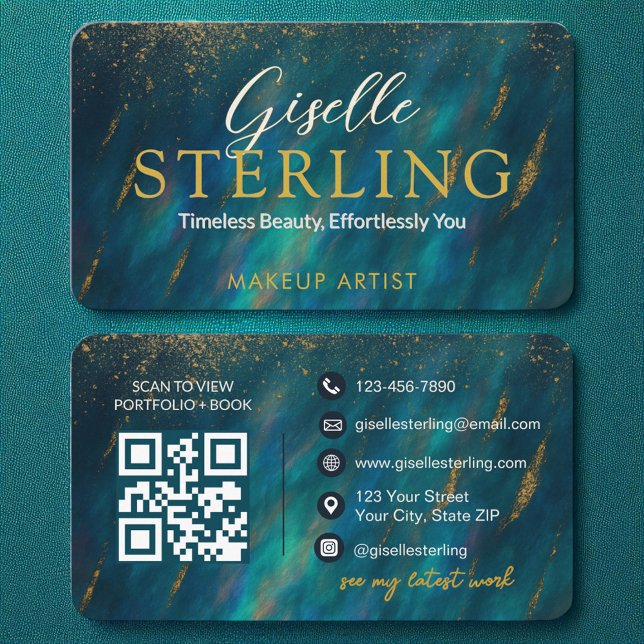 Cartão De Visita Código QR moderno de Script de Glam Opal Verde Sto (Criador carregado)