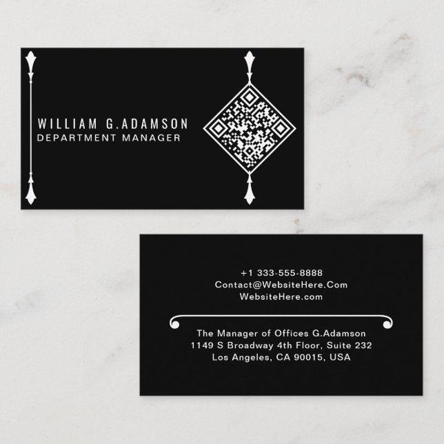 Cartão De Visita Código QR Moderno Personalizado | Preto Simples Pr (Frente/Verso)