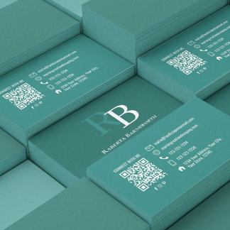 Cartão De Visita Código QR Monograma Azul Profissional Elegante