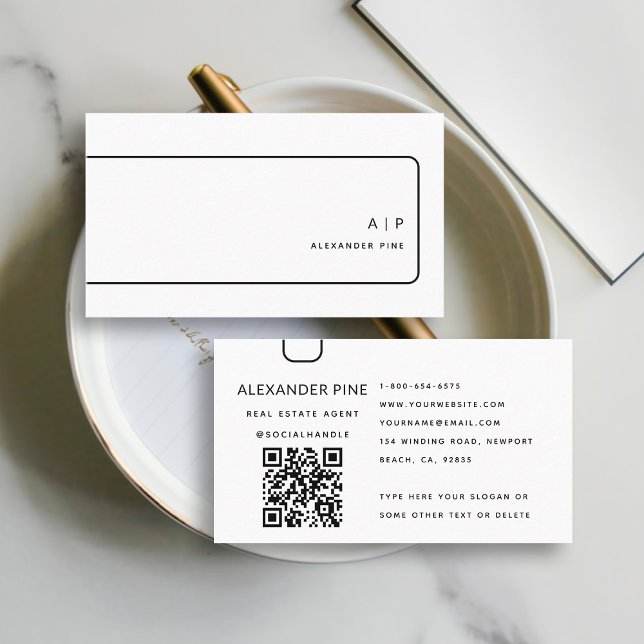 Cartão De Visita Código QR Monograma Branco Preto Monograma Elegant (simple elegant professional corporate generic business card black white qr code website geometric)