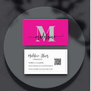 Cartão De Visita Código QR Monograma Cor-de-rosa Preto Elegante