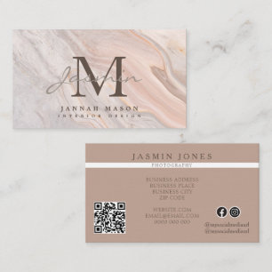 Cartão De Visita Código QR Monograma de Mármore Rosa Elegante