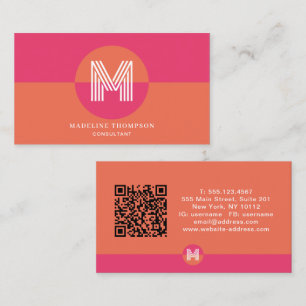 Cartão De Visita Código QR Monograma Geométrico Rosa Laranja Retro