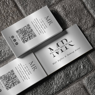 Cartão De Visita Código QR Monograma Moderno Metal Prateado Falso E