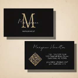Cartão De Visita Código QR Monograma Preto Dourado