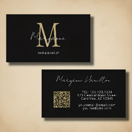 Cartão De Visita Código QR Monograma Preto Dourado