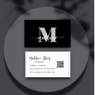 Cartão De Visita Código QR Monograma Preto Elegante