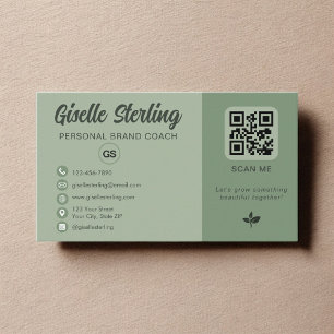 Cartão De Visita Código QR Monograma Sage Verde Mídia Social