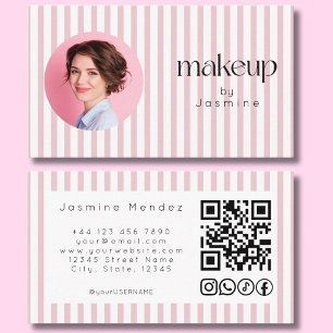 Cartão De Visita Código QR MUA Foto com Listra Rosa Social Icons B