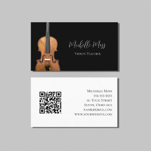 Cartão De Visita Código QR Musical Violin Teacher Black White