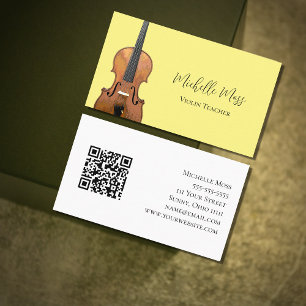 Cartão De Visita Código QR Musical Violin Teacher Bright Yellow