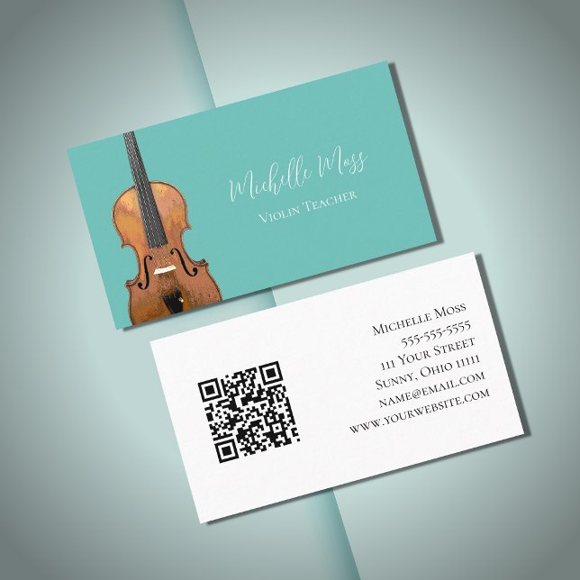 Cartão De Visita Código QR Musical Violin Teacher Green (Criador carregado)