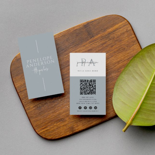 Cartão De Visita Código QR Neutro Elegante Azul Elegante Boho Moder (Criador carregado)