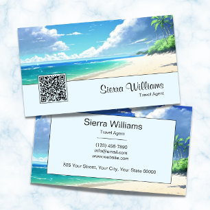 Cartão De Visita Código QR Oceano Aquarela Tropical Viagem Mar Azul