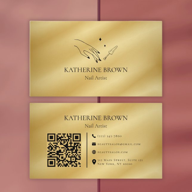 Cartão De Visita Código QR para Artista de Nail Dourada para Profis (Elegant Gold Nail Artist Business Card with QR Code for Professionals)