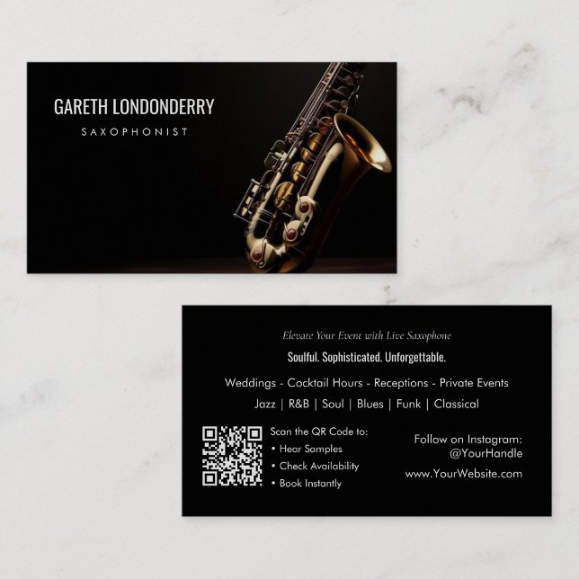 Cartão De Visita Código QR para Músicos Profissionais Saxofonistas  (Modern Professional Saxophonist Musician QR Code Business Card)