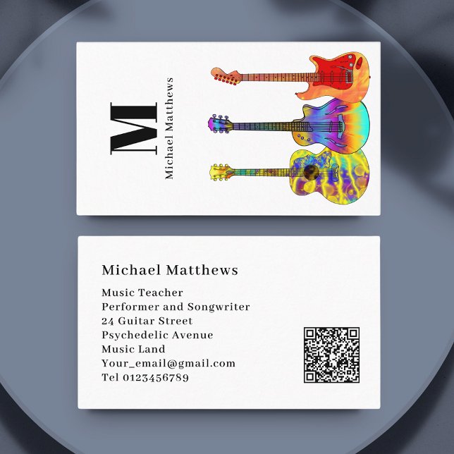 Cartão De Visita Código QR para Professores de Música em Violão (Modern music guitar teacher custom QR code business card )