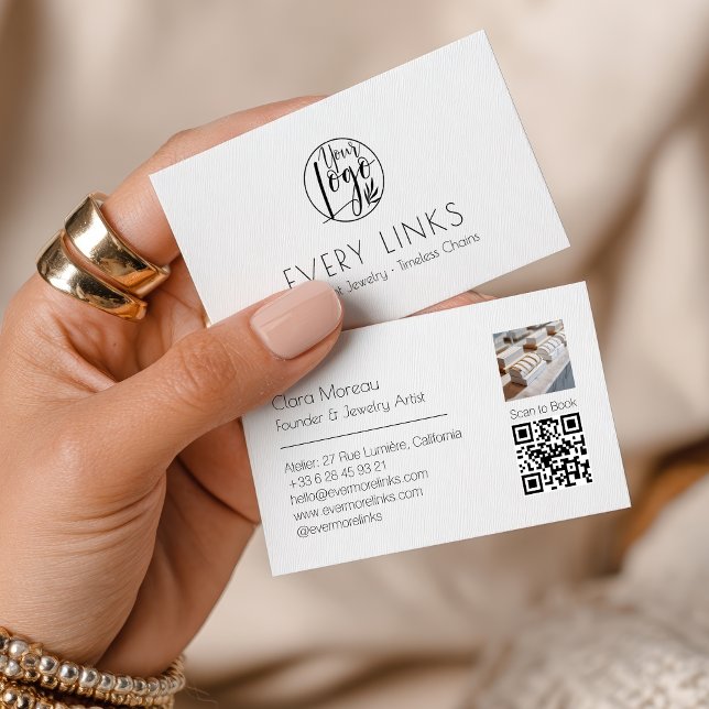 Cartão De Visita Código QR permanente de joias brancas brancas-pret (Elegant Black White Permanent Jewelry QR Code Business Card)
