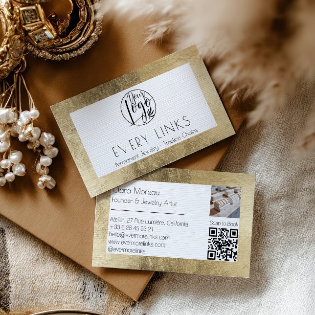 Cartão De Visita Código QR Permanente de Joias Douradas Elegante Pr (Elegant Black Gold Permanent Jewelry QR Code Business Card)