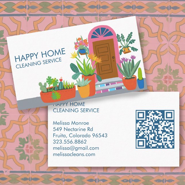Cartão De Visita Código QR Personalizado da Porta Frontal de Limpez (House Cleaning Cute Front Door Custom QR Code Business Card
)