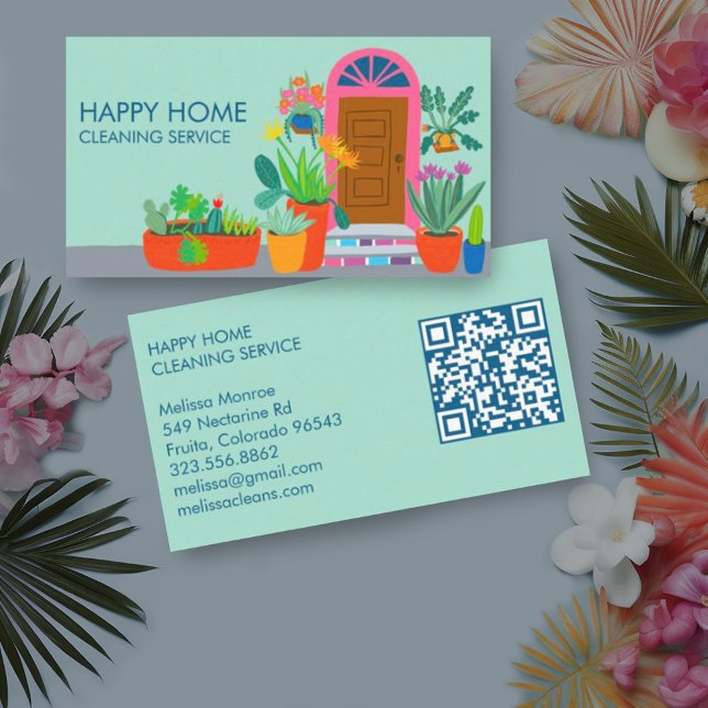 Cartão De Visita Código QR Personalizado da Porta Frontal de Limpez (Cute front door with lots of plants custom business card for cleaning services with custom QR code)
