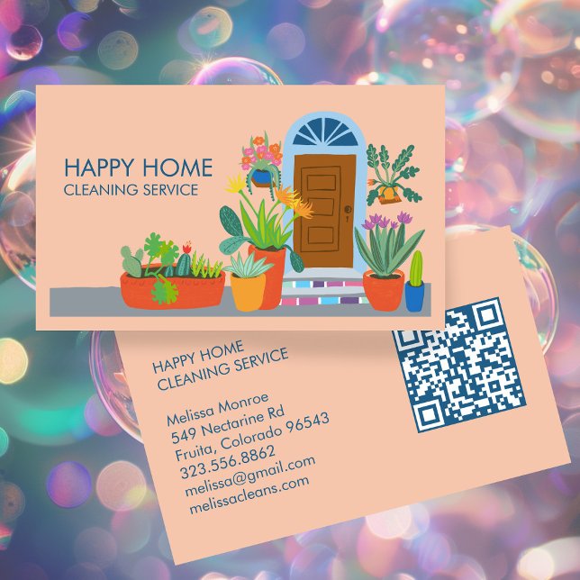 Cartão De Visita Código QR Personalizado da Porta Frontal de Limpez (House Cleaning Janitorial Maid Cleaner Housesitting Cute Front Door Custom QR Code Business Card
)