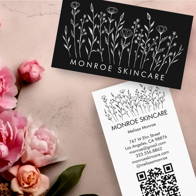 Cartão De Visita Código QR Personalizado de Arte de Linha Elegante  (Wildflowers Elegant Line Art Chic Custom QR Code Business Card
)
