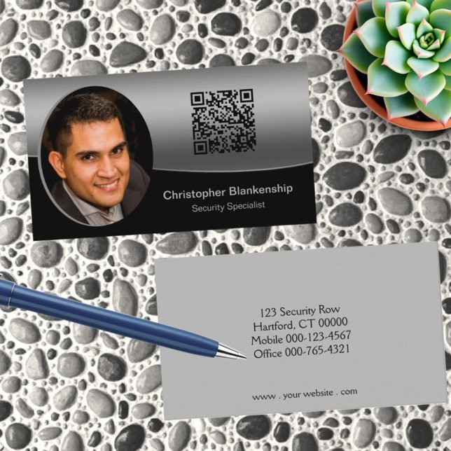 Cartão De Visita Código QR personalizado de foto em preto e Cinza (Custom photo business card template front and back)