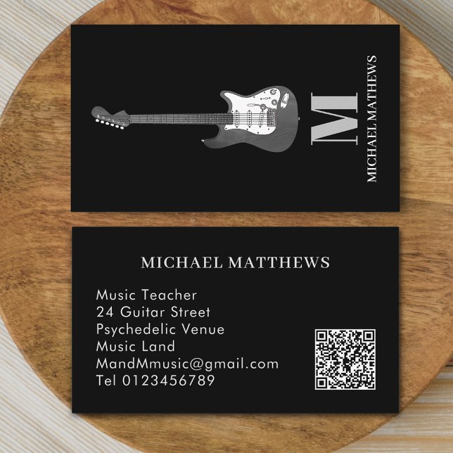 Cartão De Visita Código QR Personalizado de Músico Profissional de  (Modern Guitar music teacher professional musician qr code Business card Minimalist stylish black )
