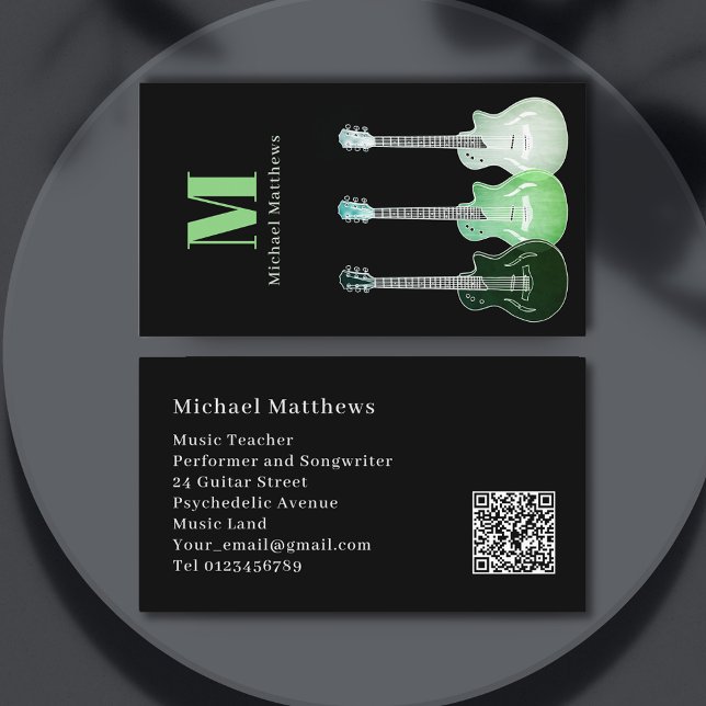 Cartão De Visita Código QR Personalizado de Violão Musical Profissi (Modern guitar teacher musician songwriter performer business card website QR code black white green)