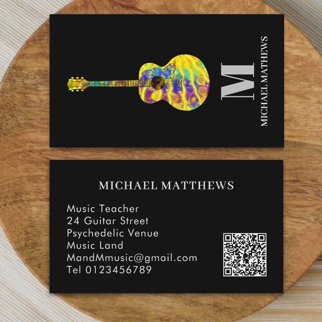 Cartão De Visita Código QR personalizado do professor de guitarra (Modern guitar music teacher professional musician qr code Business card colorful psychedelic guitar )