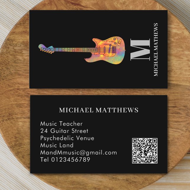 Cartão De Visita Código QR Personalizado do Professor de Violão (Modern guitar music teacher professional musician qr code Business card Colorful electric guitar art)