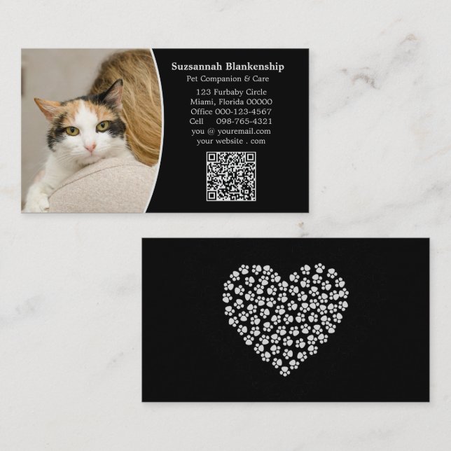 Cartão De Visita Código QR personalizado e foto do Pet Care Black W (Frente/Verso)