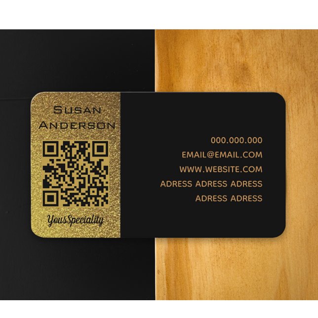 Cartão De Visita Código QR personalizado elegante preto e ouro (Luxury design for QR Code Business Card - Black and gold color)