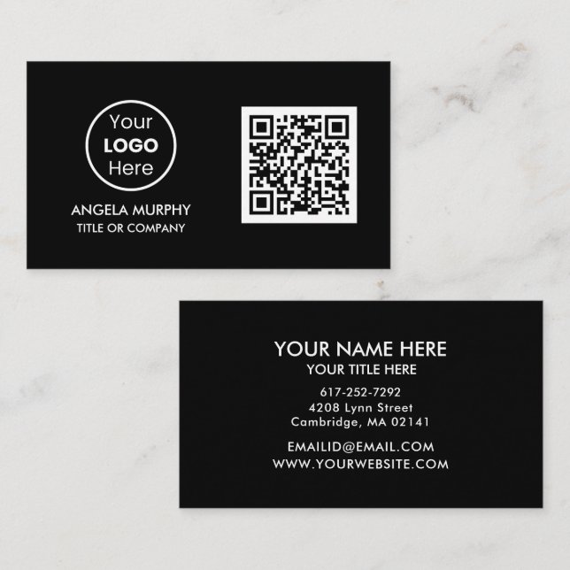 Cartão De Visita Código QR personalizado Logotipo comercial | Black (Frente/Verso)