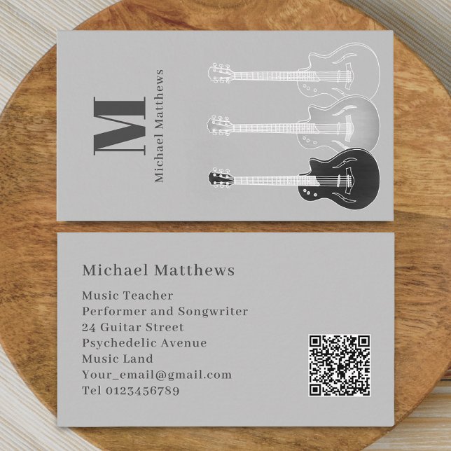Cartão De Visita Código QR personalizado para músicas profissionais (Modern guitar music teacher professional musician qr code gray Business card )