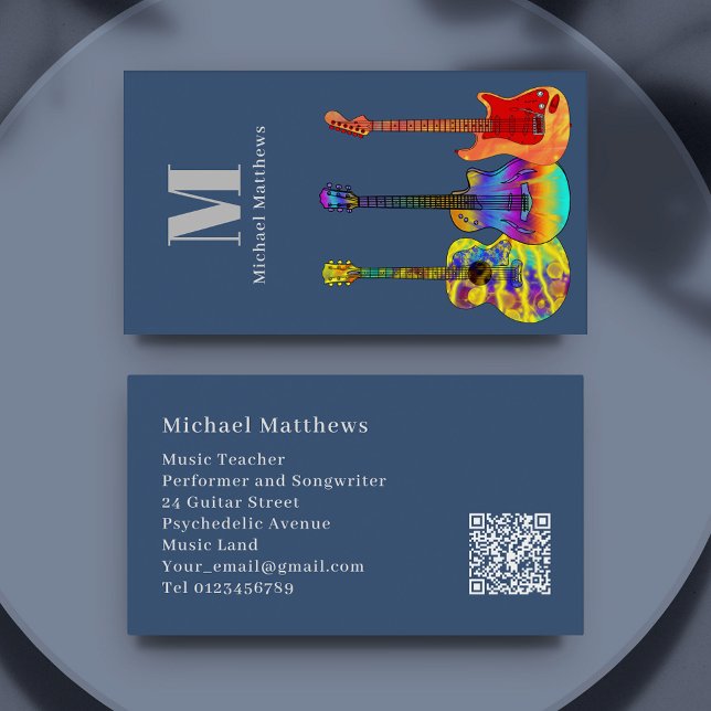 Cartão De Visita Código QR Personalizado para Músico de Professores (Modern Guitar teacher musician custom QR code business card)