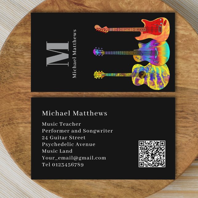 Cartão De Visita Código QR Personalizado para Músico de Professores (Guitar teacher music website qr code business card)