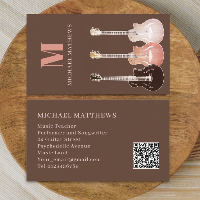 Cartão De Visita Código QR personalizado para músico profissional d (Simple Rustic guitar teacher professional musician qr code Business card)