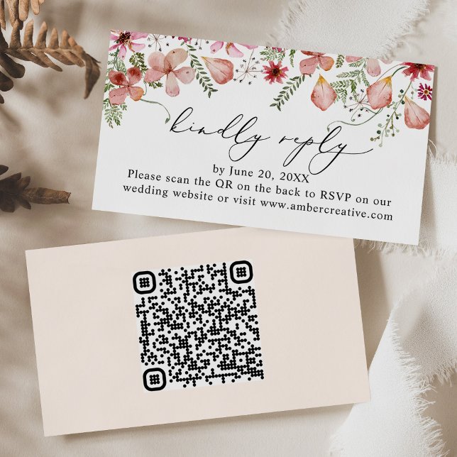 Cartão De Visita Código QR Pink Peach Wedding RSVP Enclosure Card (Criador carregado)