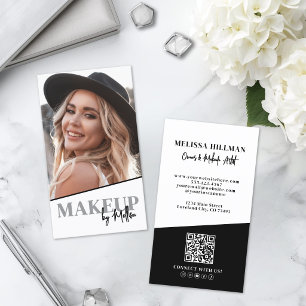 Cartão De Visita Código QR Preto Branco Foto Maquiagem Vertical