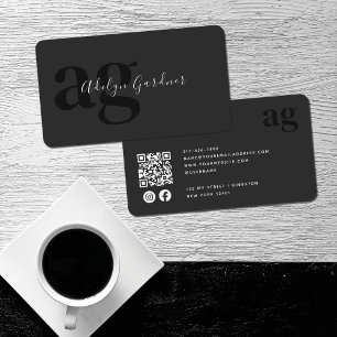 Cartão De Visita Código QR Preto Branco Monograma Script Mídia Soci