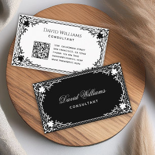 Cartão De Visita Código QR Preto Branco Vintage Elegante Rústico An