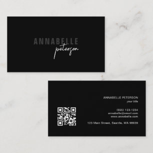 Cartão De Visita Código QR Preto Chic Profissional com Letra Mínima