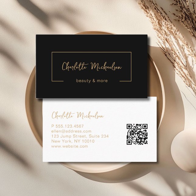 Cartão De Visita Código QR Preto de Escrita Mínima (Minimal Handwriting Black QR Code Business Card)