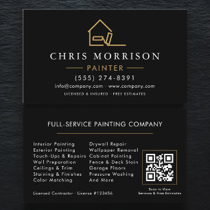Cartão De Visita Código QR Preto Dourado de Pintor de Casas