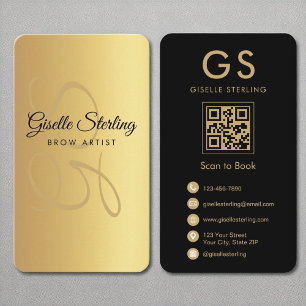 Cartão De Visita Código QR Preto Dourado do Monograma de Artista de